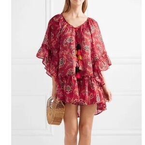 Anjuna Darya Ruffle Cotton-Voile Kaftan Mini Dress Tassel Paisley Floral Beach